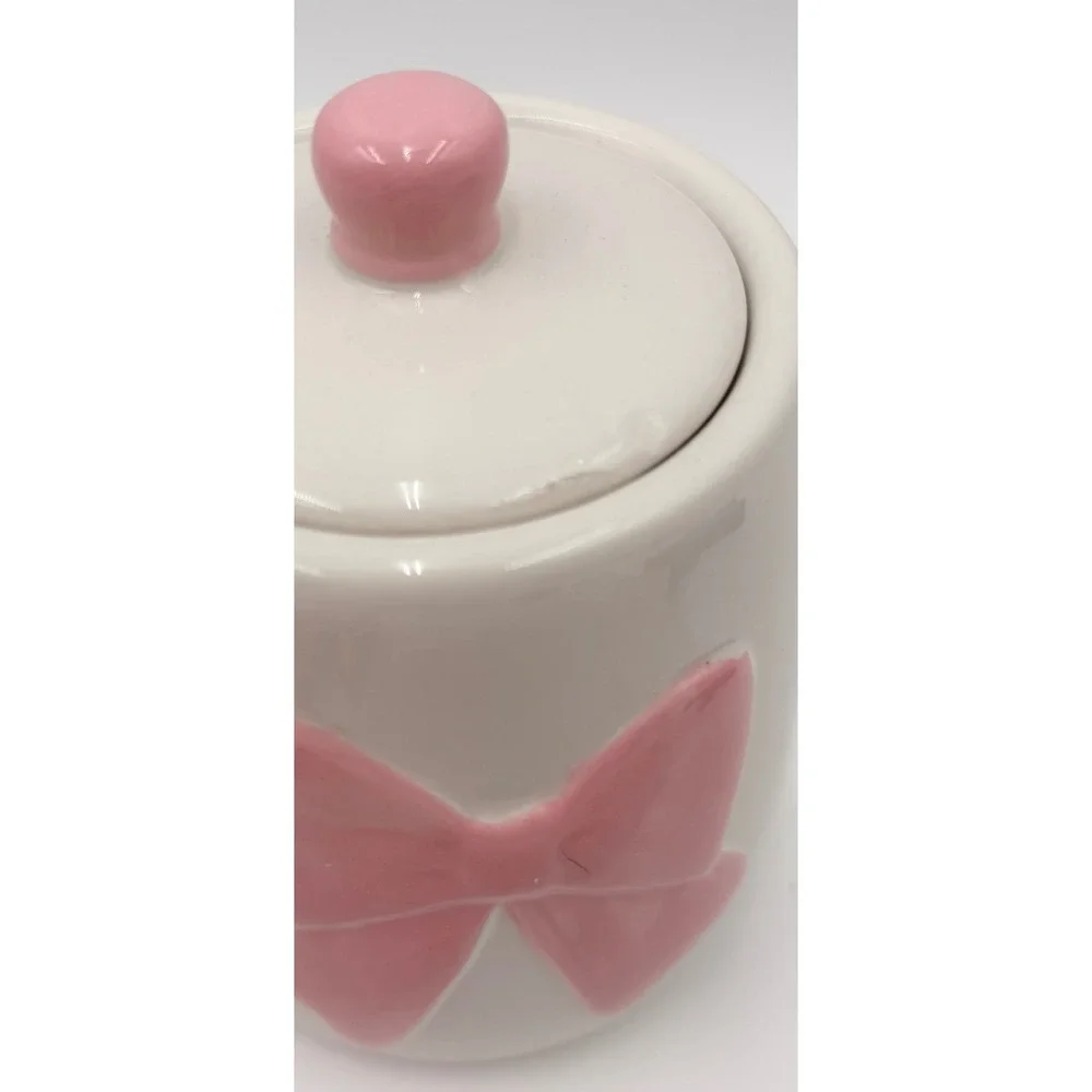 White Ceramic Bow Canister Pink Embossed Ribbon Lid Jar Coquette‎ Decor